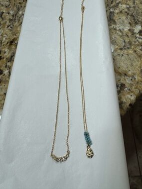 Set of Two Gold Layered Necklaces with Aqua Bead Accent
